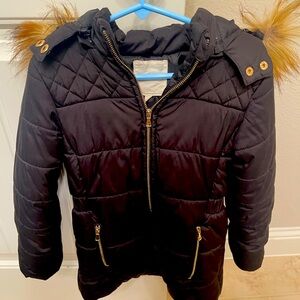 Copper Key Black Puffer Jacket with Faux Fur